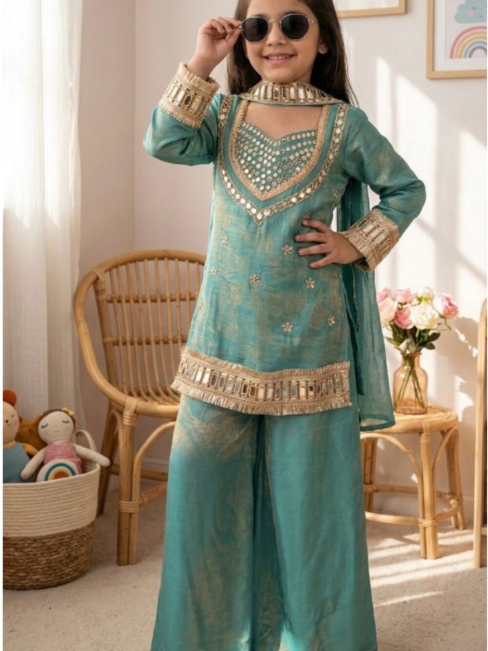 Sea Green Embroidered Silk Kurta Set with Dupatta & Jewelry